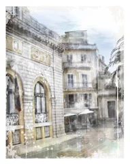 Poster de jardin Café de rue dessiné Illustration de la rue de la ville. Style aquarelle.