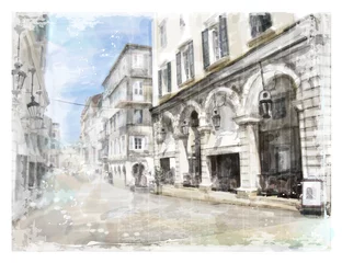 Tissu par mètre Café de rue dessiné Illustration de la rue de la ville. Style aquarelle.