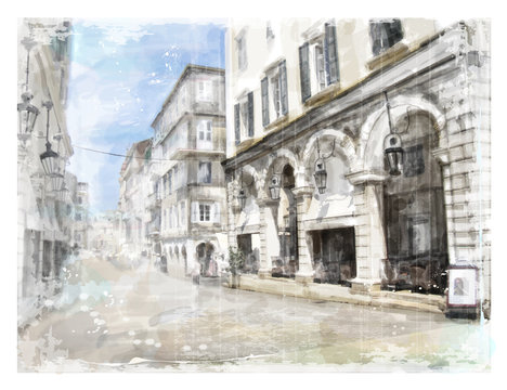Fototapeta Illustration of city street. Watercolor style.