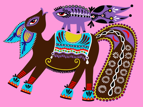 ukrainian tribal ethnic painting, unusual horse, folk illustrati