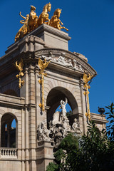 Barcelona ciudadela park lake fountain with golden quadriga of A