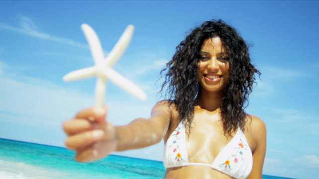 Poster Smiling Girl Holding Star Fish Tropical Island Beach  