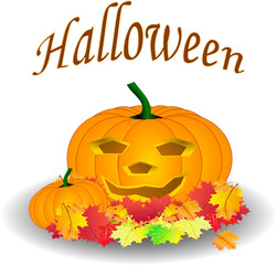 Halloween Kürbis im Herbstlaub mit Text