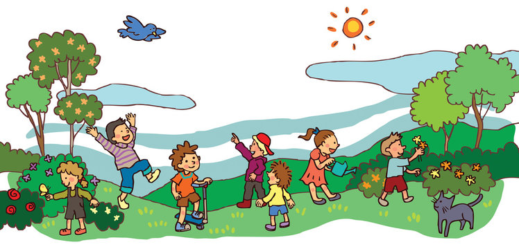 Children having a good time in spring landscape (vector)