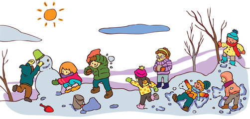 Children having a good time in winter landscape (vector)