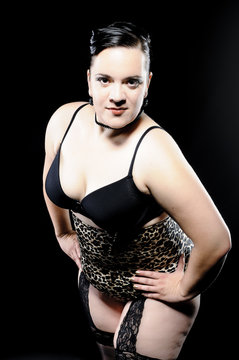 Woman in leo print lingerie