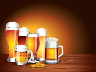 Beer glasses on wooden table, dark background