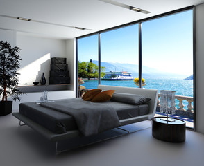 Fantastic bedroom interior with grey bed against panorama window - obrazy, fototapety, plakaty