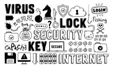 Internet security doodle vector set