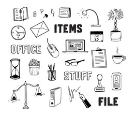 Office and business objects doodles set