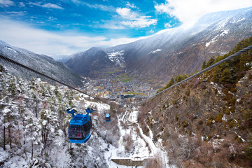 Encamp town in Andorra and cable car - obrazy, fototapety, plakaty