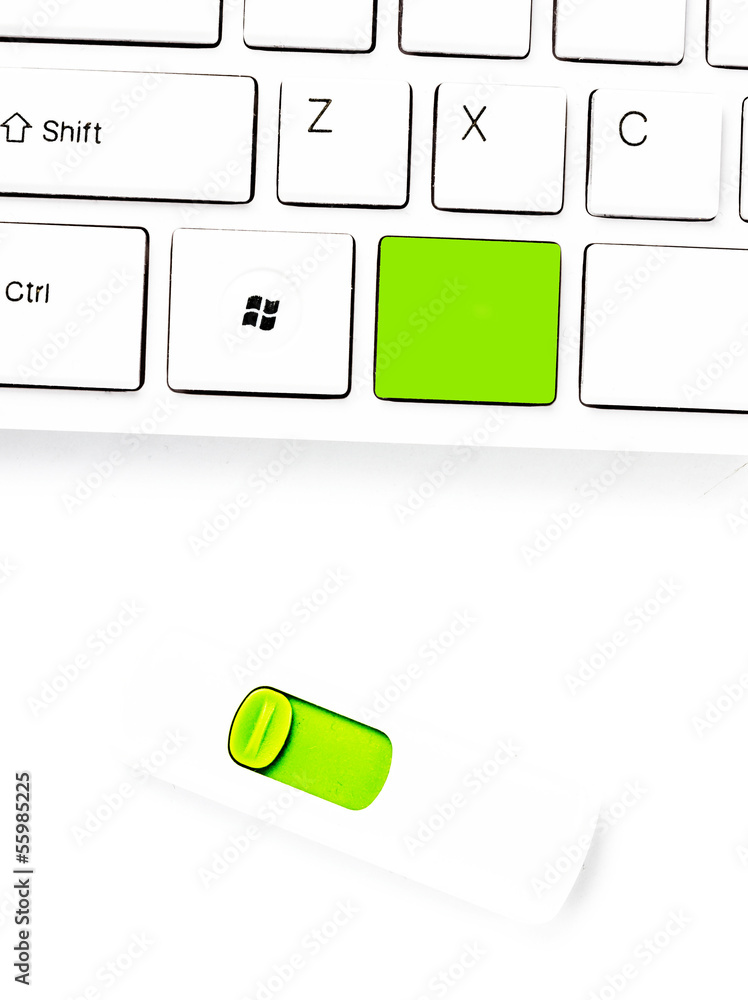 Poster computer keyboard with blank keys and usb flash drive isolated o