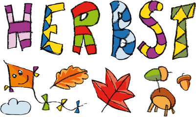 Kinderschrift Herbst mit Zeichnungen Blätter und Dachen © guukaa