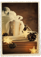 Vintage Christmas Card with Gifts, box, white ribbon and pine co