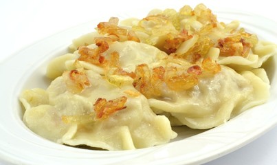 dumplings with meat, cabbage and onion