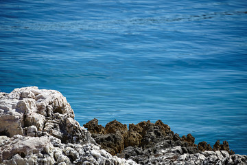 Fototapeta na wymiar Rocks , sea and blue sky, background for cover