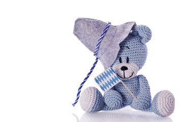 oktoberfest teddy bear with fedora and blue white banner