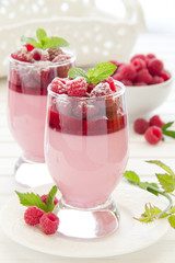 Raspberry dessert panna cotta, selective focus.
