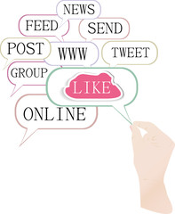 hand with like text on computer cloud