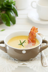 Lentil soup and pumpkin with bacon and blue cheese.