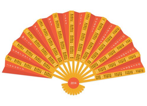 Folding hand fan calendar for 2014 on white background