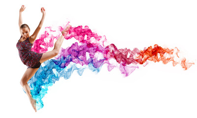 Girl in color dress dancing.Collage