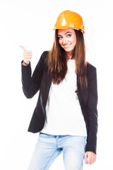 young beautiful woman in yellow construction helmet 