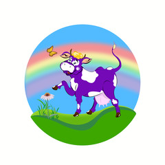Label dairy products.A purple cheerful cow
