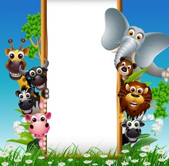 Plakat animal cartoon with blank sign and tropical plant