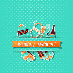 Wedding invitation card with stickers in retro style.