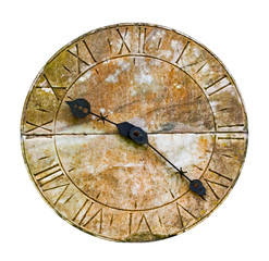 Stone clock on a wall against  white background