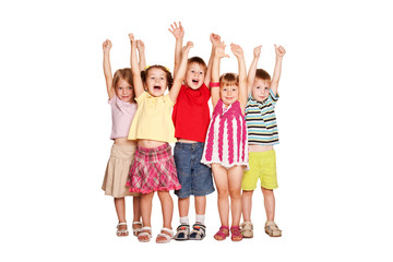 Fototapeta premium Group of little children raising hands up and smiling