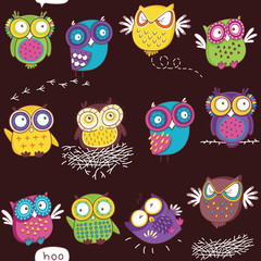 Seamless pattern with color owl in dark background