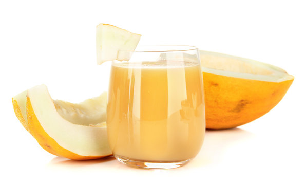 Delicious juice of melon isolated on white