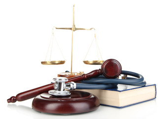 Medicine law concept. Gavel, scales and stethoscope