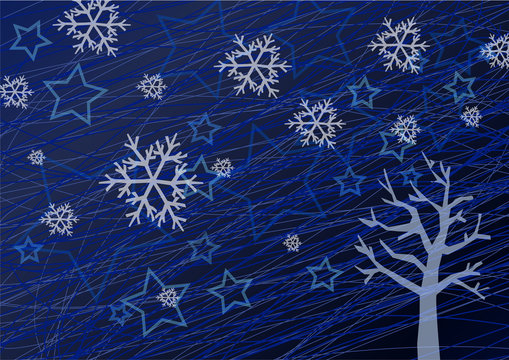 Winter background with tree and snowflakes illustration