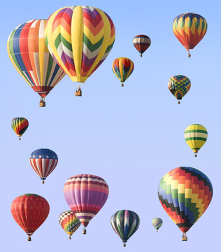 Hot-air balloons arranged around edge of frame