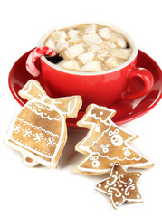 Cup of coffee with Christmas sweetness isolated on white