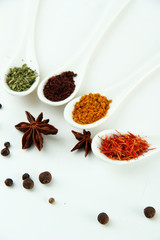 Assortment of spices in  white spoons, isolated on white