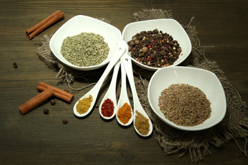 Assortment of spices in  white spoons and bowls,