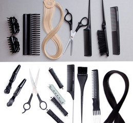 Professional hairdresser tools on white and gray background