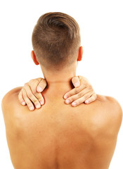 Obraz premium Young man with neck pain, isolated on white