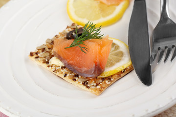Salmon sandwich on plate  on wooden table close-up