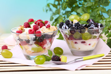 Fruit salad in glass bowls,