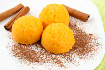 Delicious ice cream on plate close-up