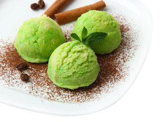 Delicious ice cream on plate close-up