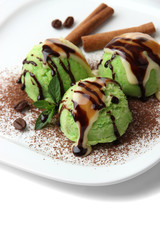 Delicious ice cream on plate close-up