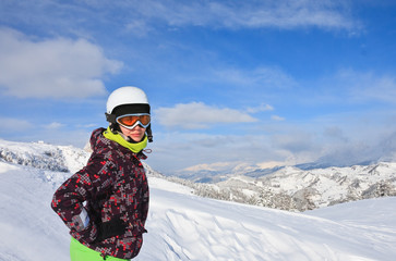 Portrait alpine skier. Ski resort of Selva di Val Gardena, Italy