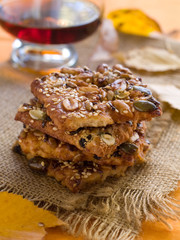 Cookies with nuts and seeds, selective focus