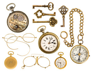 Fototapeta na wymiar golden collectible accessories. antique keys, clock, glasses, co